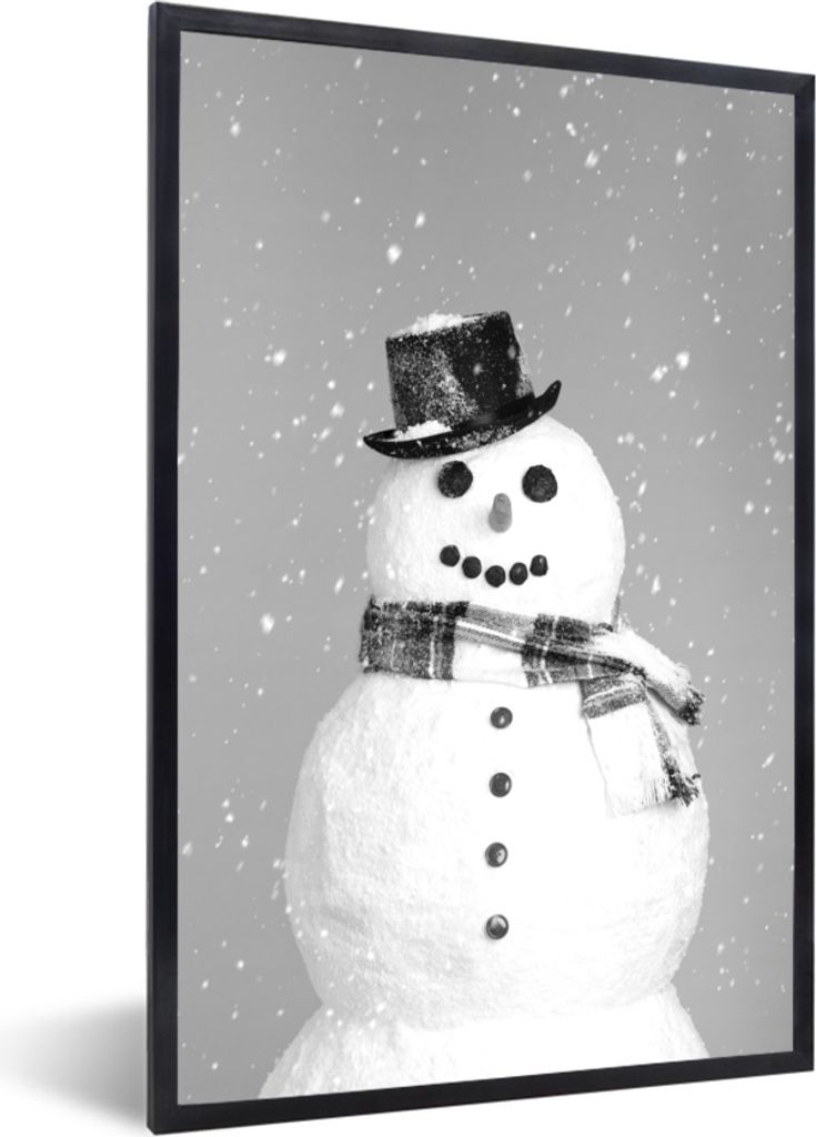 MuchoWow MuchoWow Gerahmtes Poster Ein glücklicher Schneemann zu Weihnachten - schwarz und weiß 60x90 cm - Poster mit zchwarzem Bilderrahmen ...