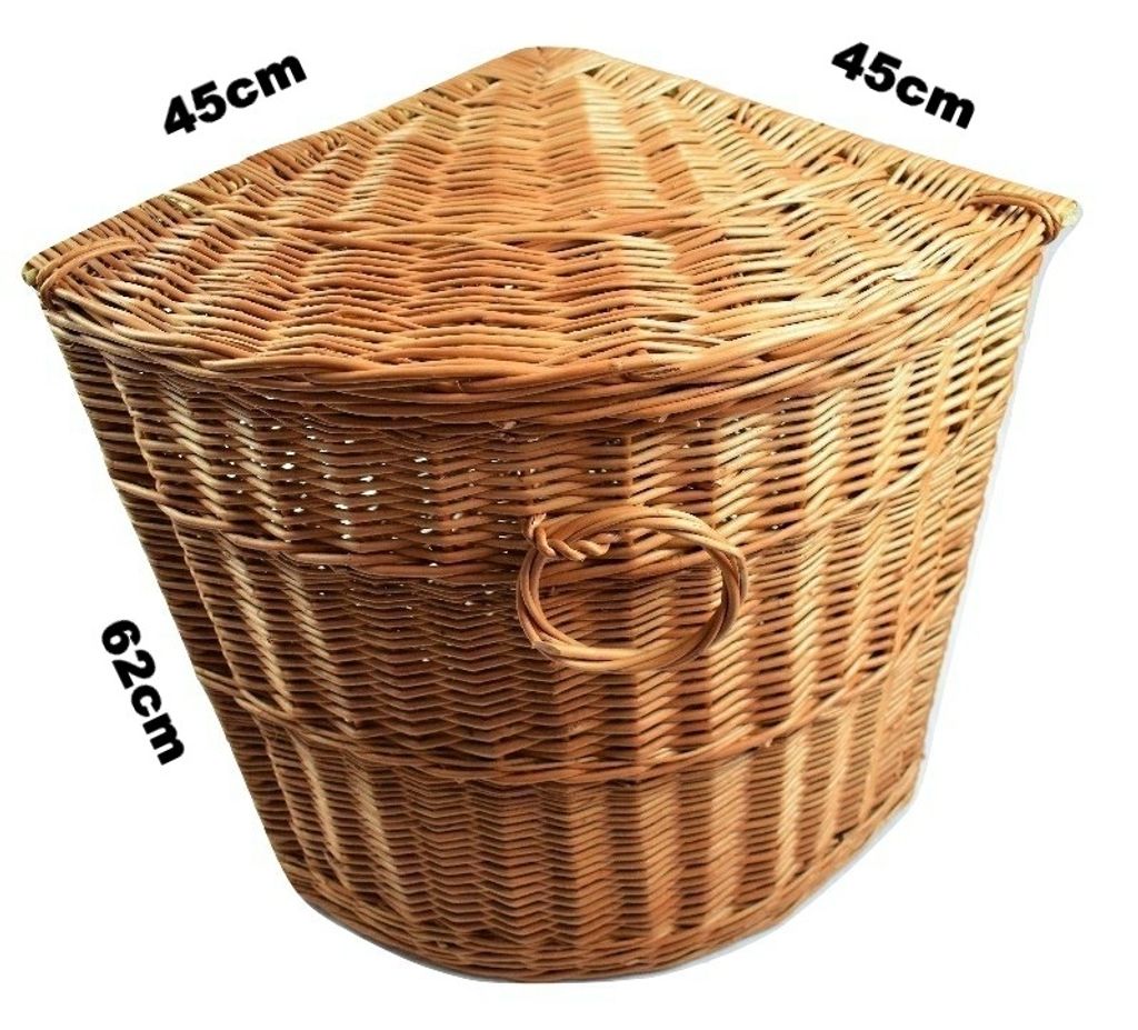 A wicker corner laundry basket with dimensions indicated.
