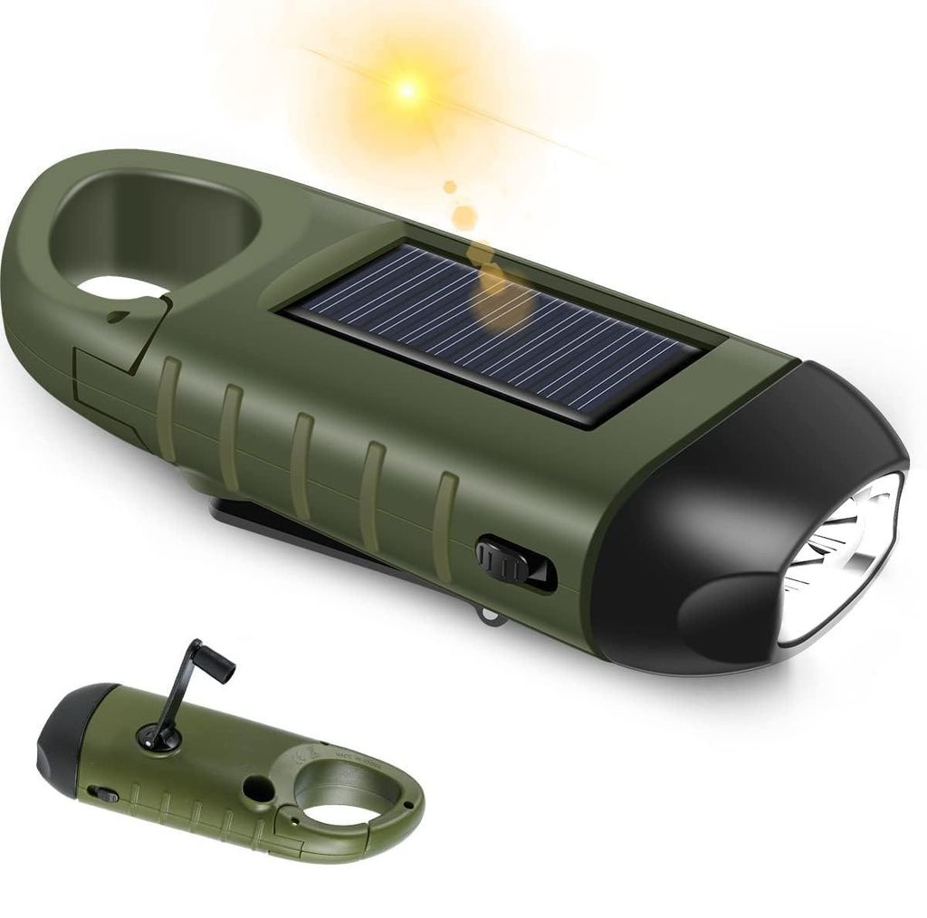LED Taschenlampe mit Kurbel und Solarpanel, USB Wiederaufladbar, Notfall Taschenlampe mit Karabiner für Outdoor Camping Stromausfall
