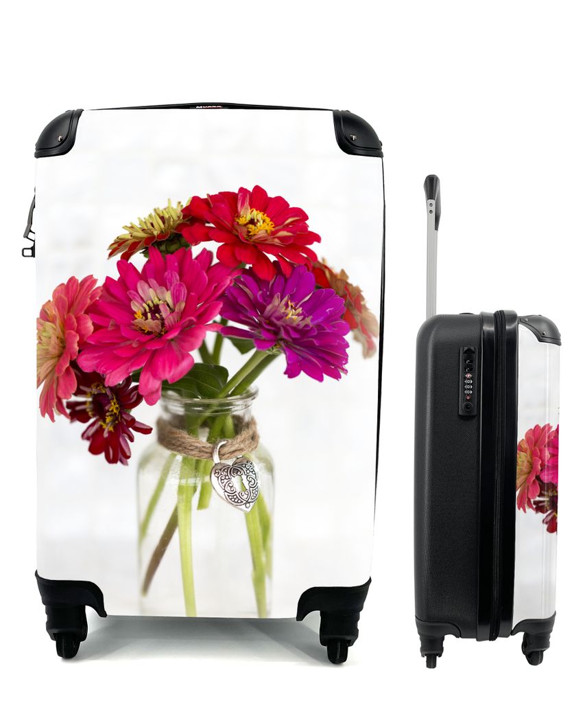MuchoWow Koffer Handgepäck Trolley Rollkoffer Kleine Reisekoffer mit 4 Rollen - Vase voll mit bunten Zinnienpflanzen - Cabin Size < 55x40x23 cm ...