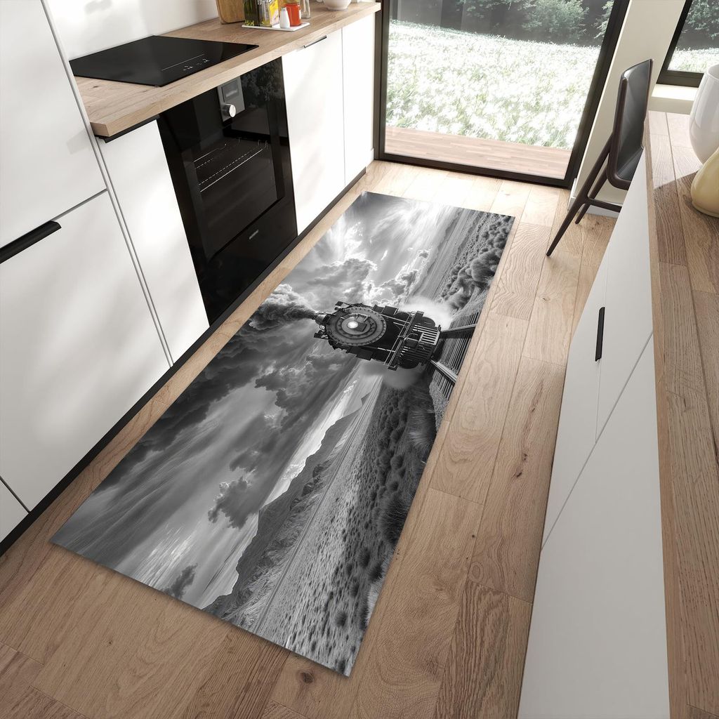 Küchenteppich 90x240cm rutschfest & abwischbar PVC Läufer - Dampflok in Wüste