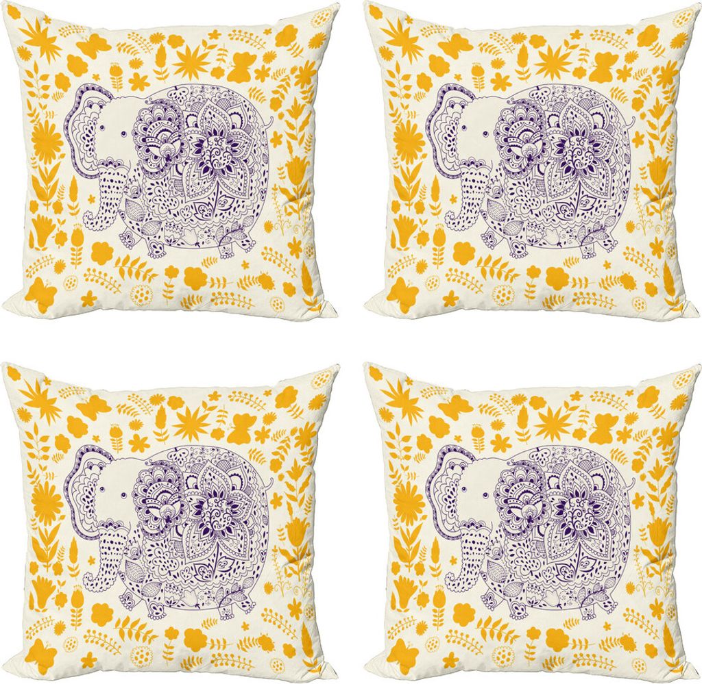 ABAKUHAUS orientalisch Kissenbezug Set (4 Stück), floral Elephant, Moderner Doppelseitiger Digitaldruck, 40 cm x 40 cm, Erde Gelb Indigo