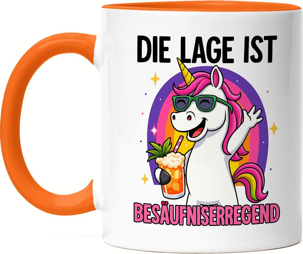 Die Lage ist besäufniserregend Tasse Orange Einhorn Party Geschenk Lustig Spruch Alkohol Feier