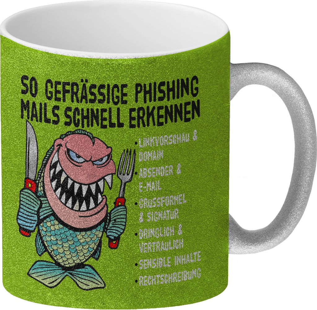 Glitzer-Kaffeebecher zum Thema Phishing Mails erkennen mit Fisch Motiv in grün