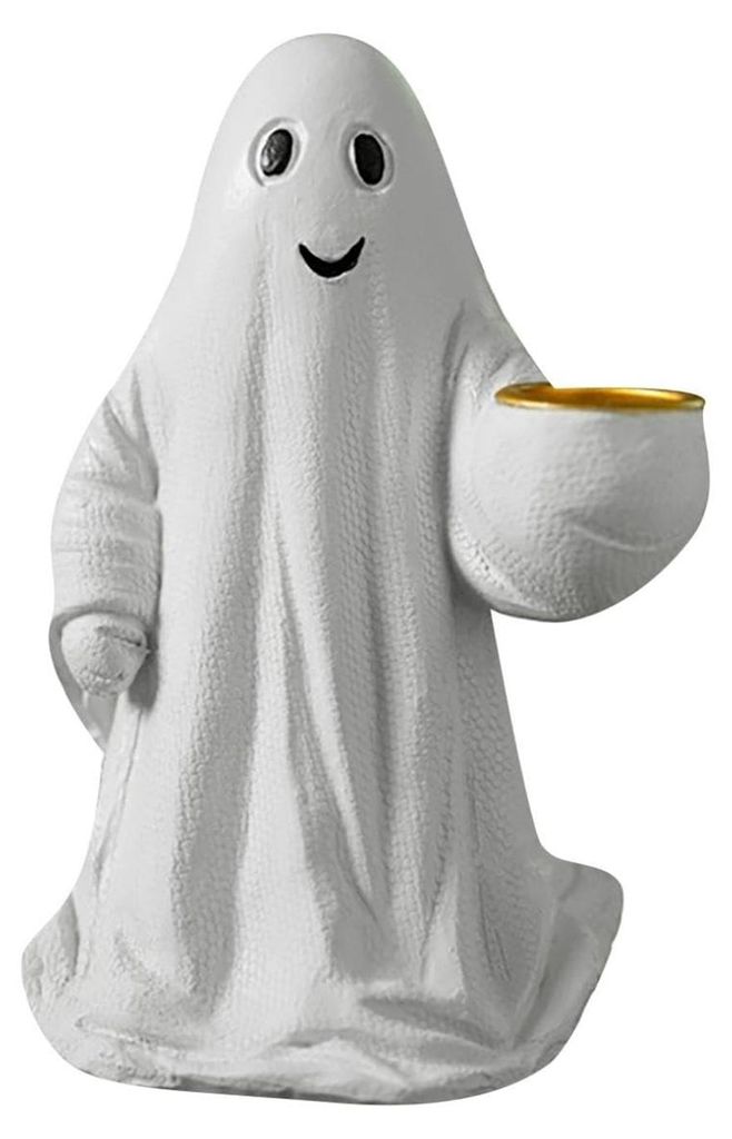 Halloween-Geisterfigur, weißer Geist mit Kürbis und Katze, gruselige Harzfigur, gravierte Halloween-Dekoration E