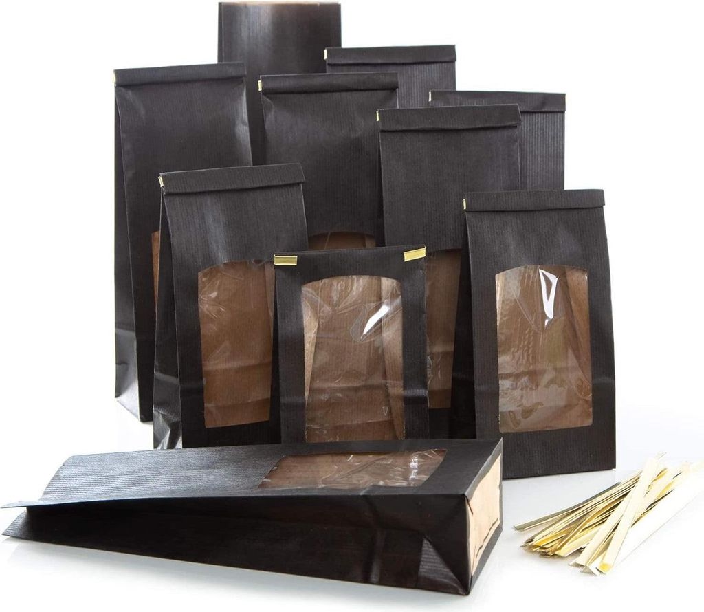 Logbuch-Verlag 10 lebensmittelechte Tüten mit Sichtfenster schwarz - Blockbodenbeutel als Verpackung für Tee, Kaffee & Gebäck 10,5 x 6,5 x 31 cm...