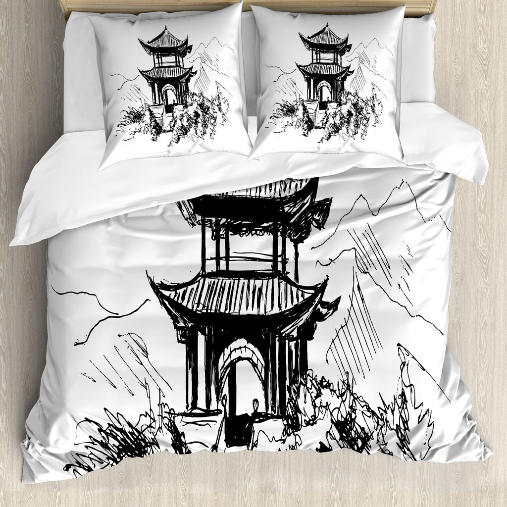ABAKUHAUS Vintage China Bettbezug, Sketch Pavilion, Milbensicher Allergiker geeignet mit Kissenbezügen, 200 cm x 200 cm - 80 x 80 cm, Schwarz-Weiss
