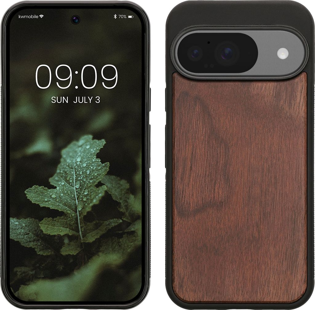 kwmobile Hülle kompatibel mit Google Pixel 10 / Pixel 10 Pro Hülle - Holz Case - stoßfestes Handy Cover - TPU Handyhülle in Dunkelbraun Walnuss...