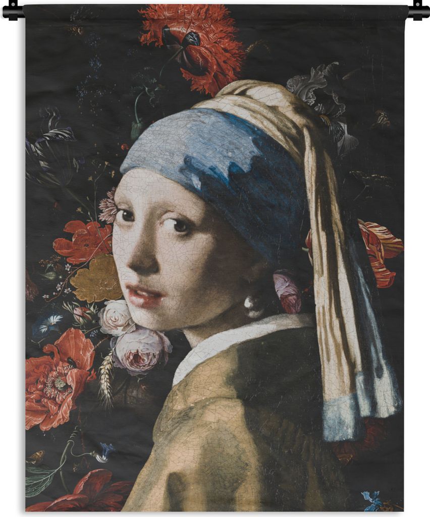 MuchoWow Wandteppich Wandbehang Das Mädchen mit dem Perlenohrring - Vermeer - Jan Davidsz de Heem 60x80 cm Tapisserie Dekoration Wandtuch - Deck...
