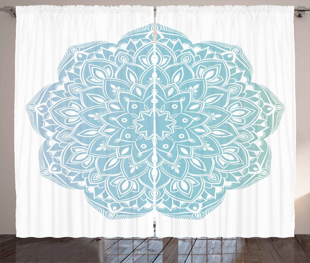 ABAKUHAUS Blauer Mandala Rustikaler Gardine, Oriental Round Motiv, Schlafzimmer Kräuselband Vorhang mit Schlaufen und Haken, 280 x 245 cm, Blassbl...