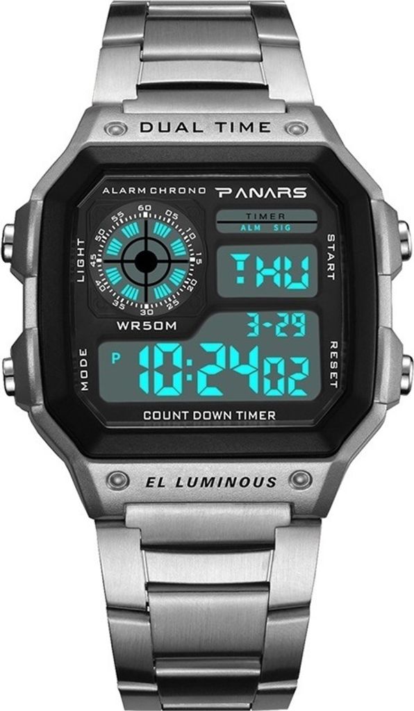 PANARS Digitaluhr für Herren – Silber mit LED-Hintergrundbeleuchtung KP14540