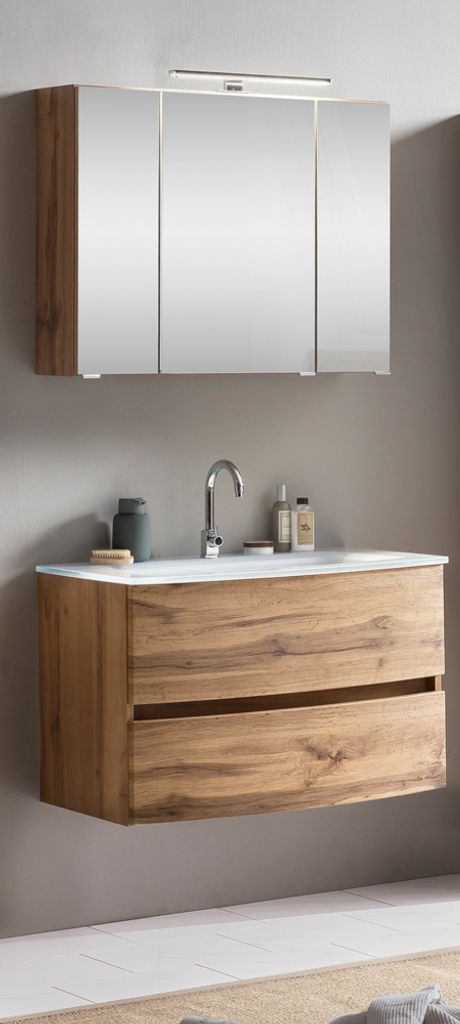 Badezimmer Waschtisch Set in Wotaneiche Nb. LAURIA-03 mit Spiegelschrank 80 cm inkl. Beleuchtung, BxHxT: ca. 80x200x49 cm