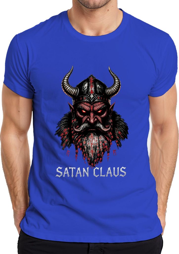 Satan Claus Teufel Wikinger Hörner Bart Runen Weihnachten Gothic Herren T-Shirt, Blau, XL