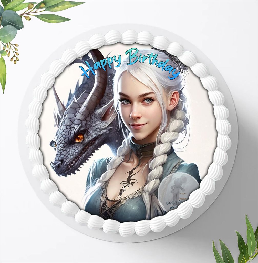 Für die Geburtstags Torte ein Tortenaufleger, Zuckerbild mit dem Motiv: Prinzessin mit Drachen, Essbares Foto für Torten, Fondant, Ø 20cm, 1896z