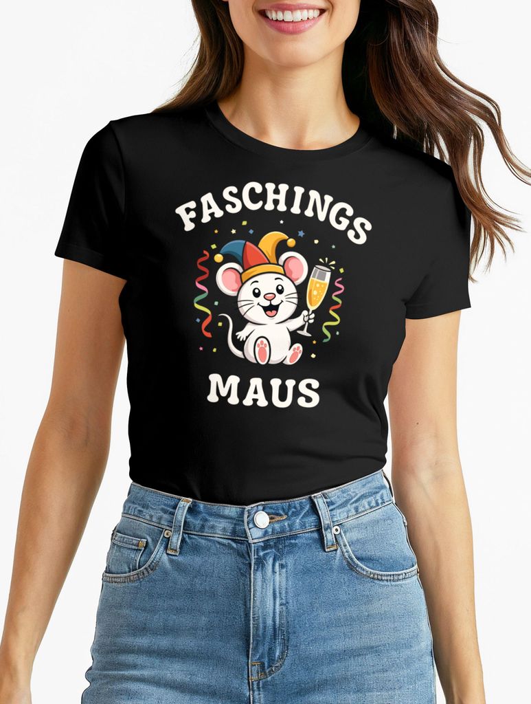 Damen T-Shirt Karnevalsmaus Faschingsmaus Kostüm-Ersatz Verkleidung Last Minute Kostüm Funshirt Moonworks