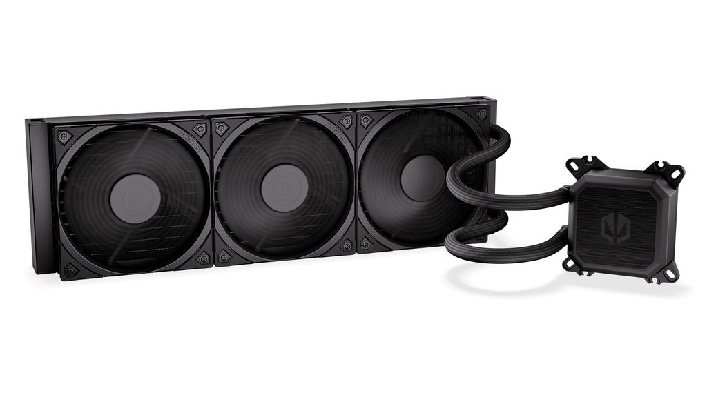 A computer liquid cooling system with a radiator and fans, and a separate pump block, is shown against a white background.
