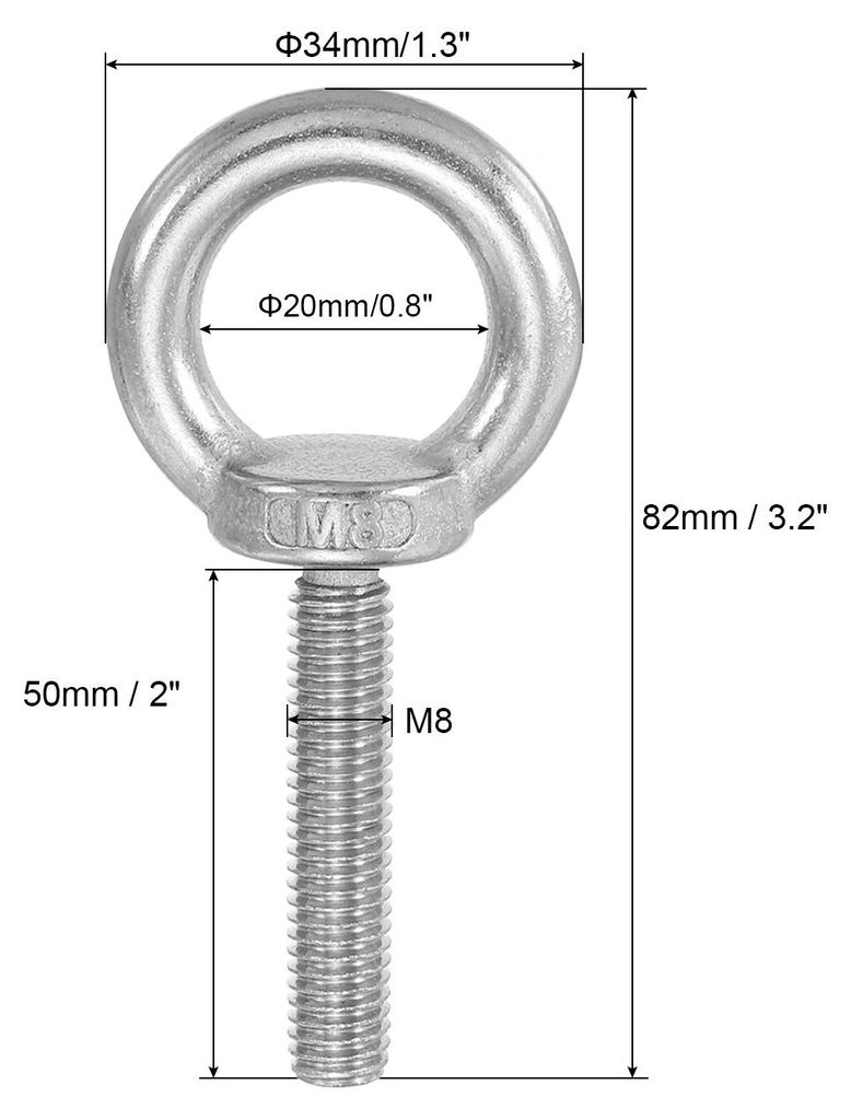 Ringschraube, M8x50 304 Edelstahl ?senschraube Gewinde mit Sechskantschraube Mutter Dichtung Unterlegscheibe zum Aufh?ngen und Sichern von Ketten D...