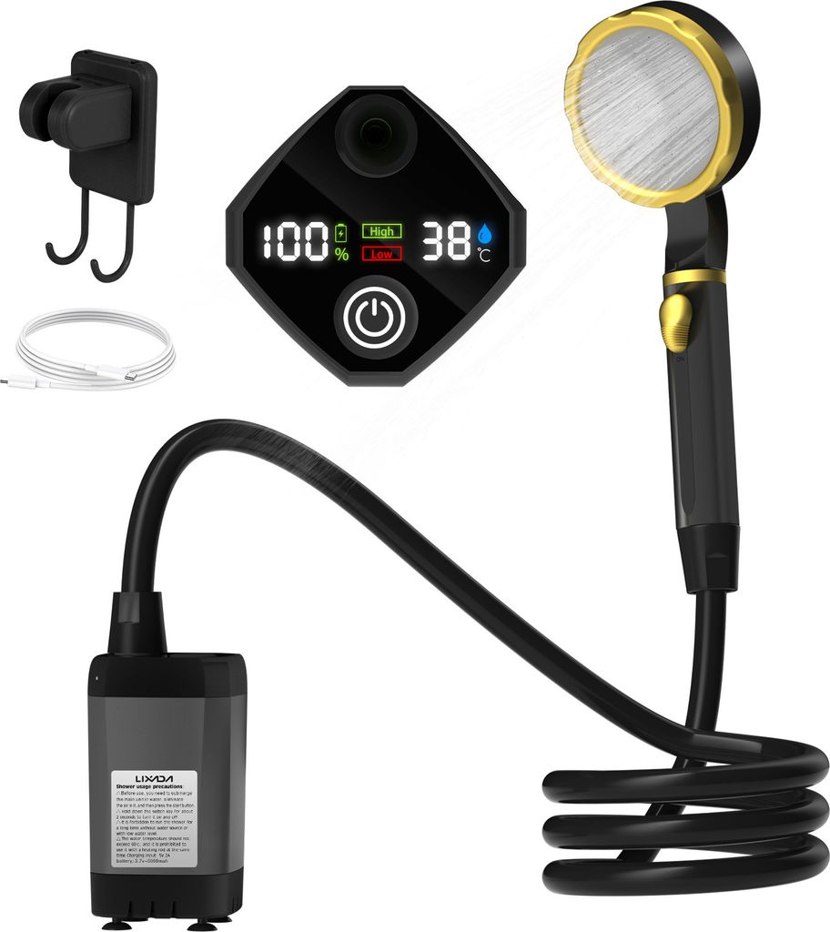 Campingdusche Tragbare, Camping Dusche mit mit Pumpe und Temperaturanzeige, Camping Dusche Outdoor Set mit Duschkopf für Garten, Autowaschen, Strand,