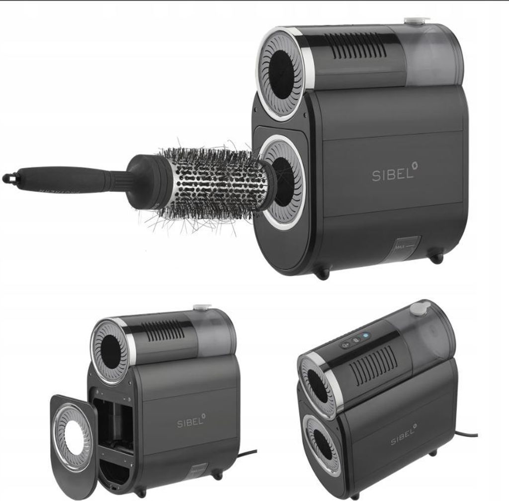 A collage of images showing a Sibel Clean & Steam Brush Cleaner.