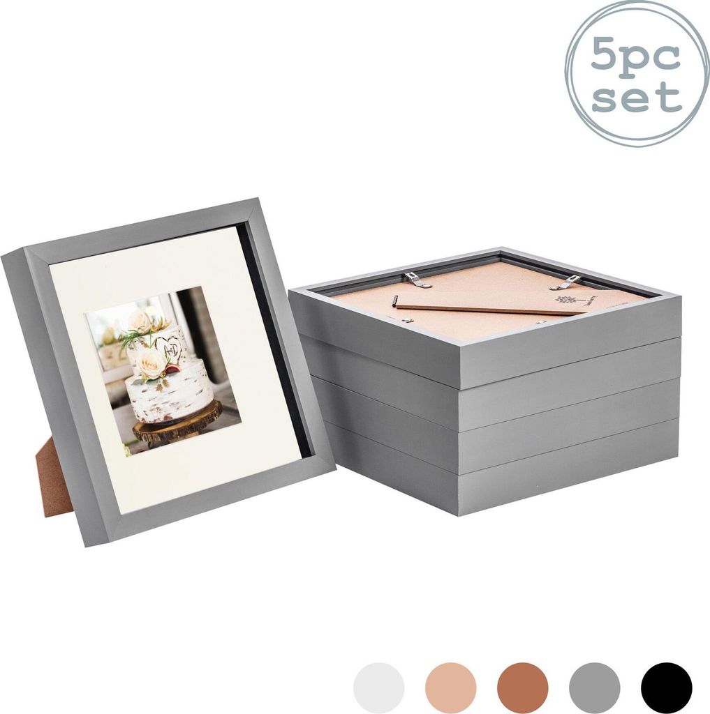 Nicola Spring 5 Stück 8 x 8 3D-Schatten-Kasten-Foto-Rahmen-Set - Craft Anzeigen Bilderrahmen mit 4 x 4 Montage - Glas Aperture - Grau / Elfenbein