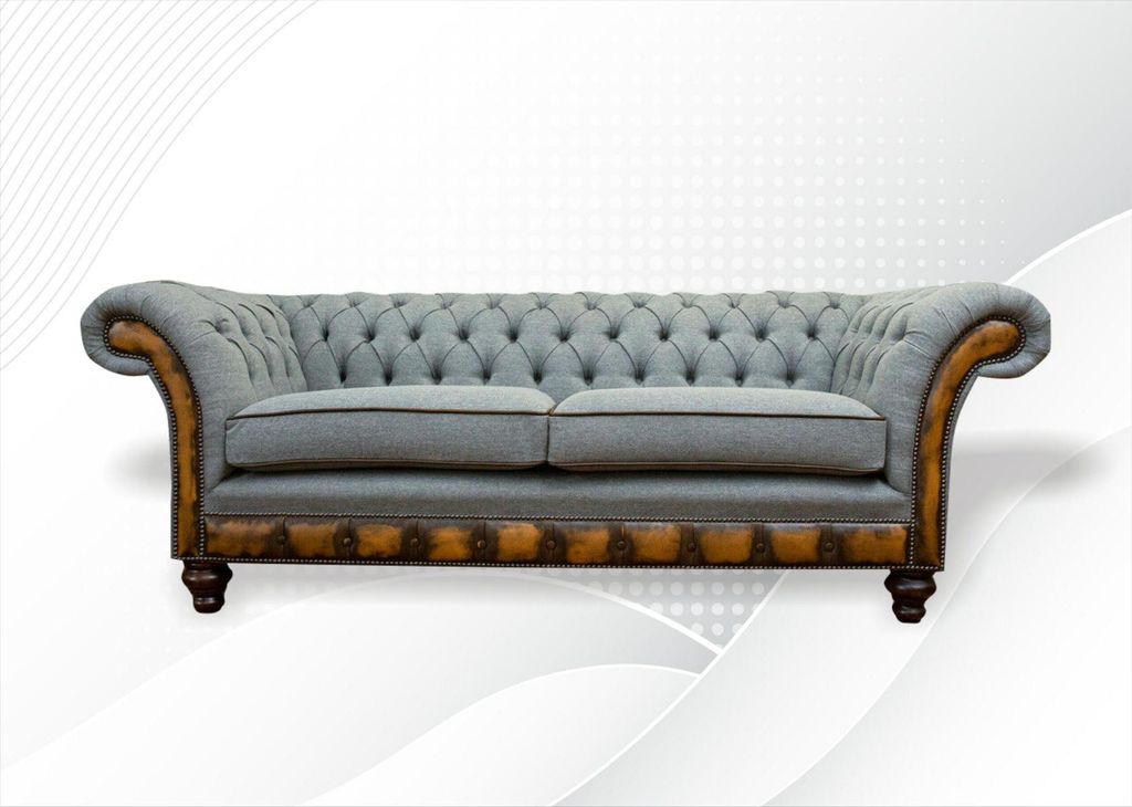 Chesterfield 3 Sitzer Grau Design Couchen Polster Sofas Samt Stoff Textil Couch