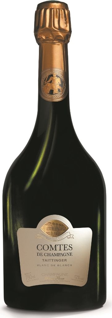 A bottle of Taittinger Comtes de Champagne Blanc de Blancs champagne.