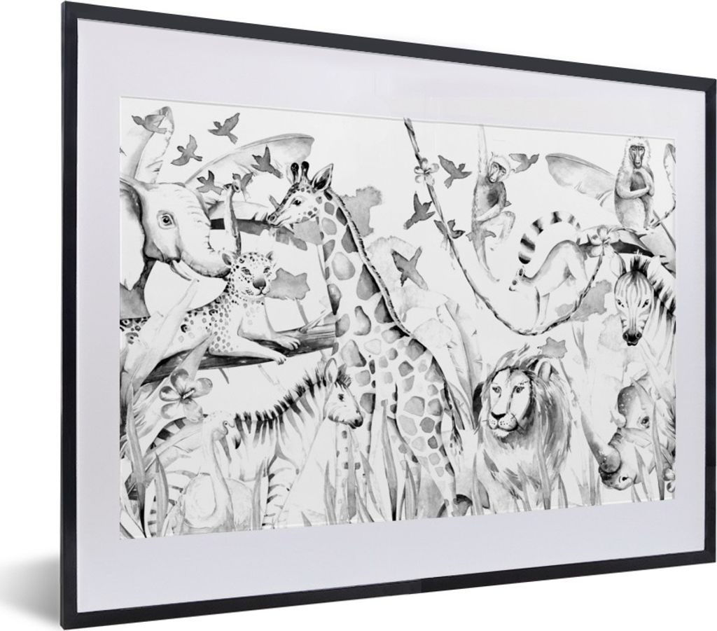 MuchoWow Gerahmtes Poster Aquarelle - Tiere - Pflanzen - Pastell - Jungen - Mädchen - Kinder - Kinder 40x30 cm - Poster mit Schwarzem Bilderrahm...