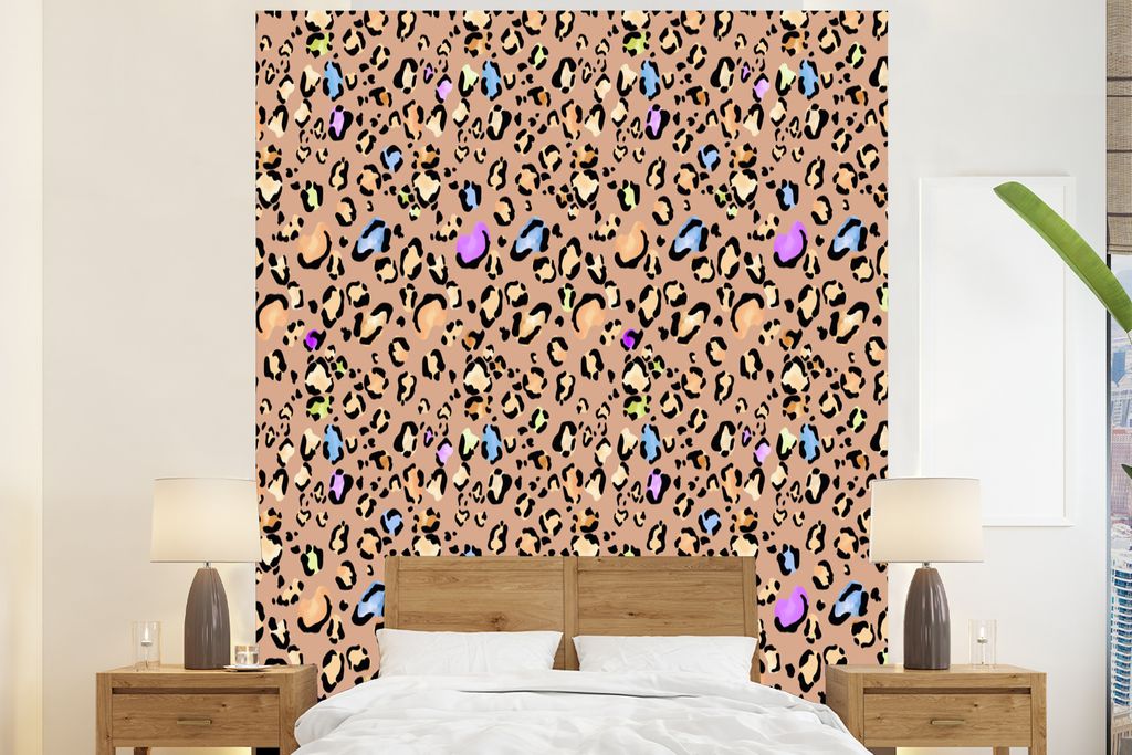 MuchoWow Fototapete für Wohnzimmer oder Schlafzimmer Wandtapete Vinyl Motivtapete Pantherdruck - Regenbogen - Muster - 225x280 cm - Wohnzimmer t...