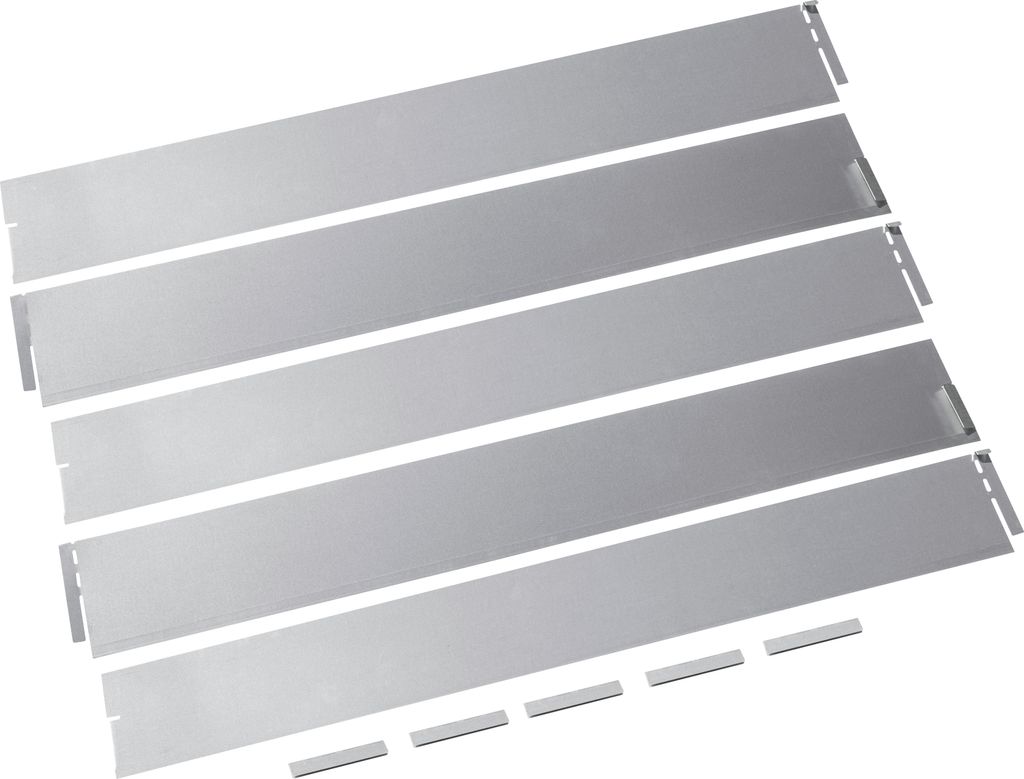 A set of five metal garden edging strips laid diagonally on a white background.