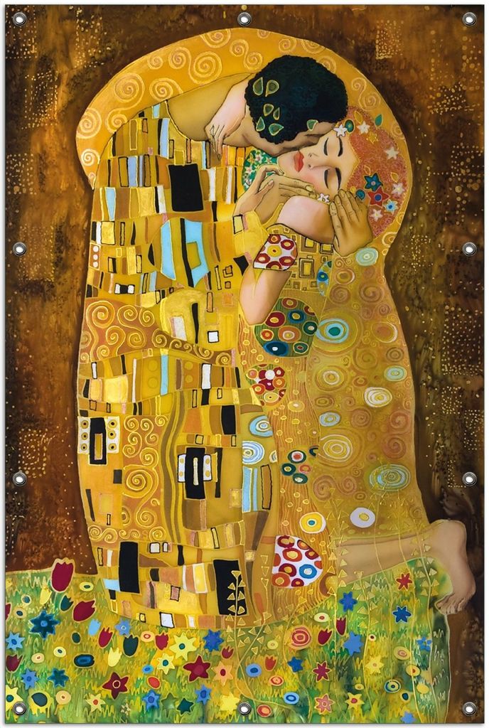 Wallario Outdoor-Poster für Garten oder Balkon, Motiv Der Kuss von Klimt, in ca. 100 x 150 cm