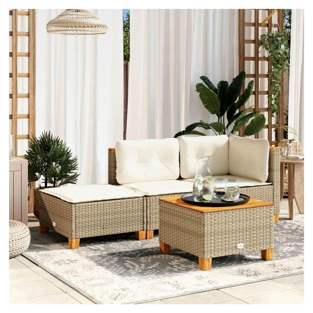 Gartenmöbel-Set aus Rattan, Gartenhocker mit Kissen, Polyrattan, Beige, 63,5 x 56 x 32 cm
