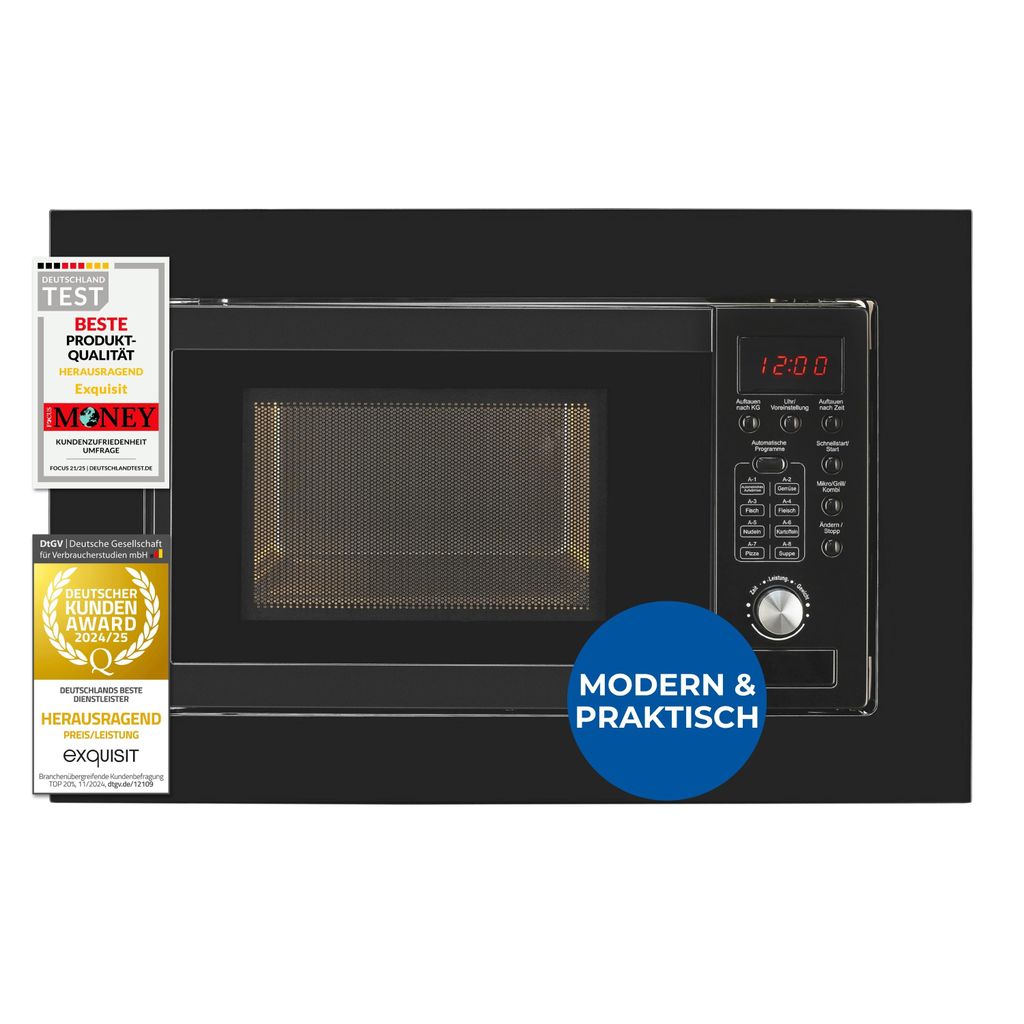 Exquisit Einbau-Mikrowellenherd, 20 Liter, Mikrowelle + Grill, 8 automatische Kochprogramme, digitale Steuerung, EMW20.1 G schwarz