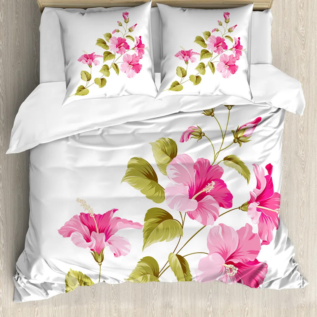 ABAKUHAUS Copripiumino Blume, rami esotici selvaggi, antiacaro, adatto a chi soffre di allergie, con federe, 200 cm x 200 cm - 80 x 80 cm, rosa-verde-bianco