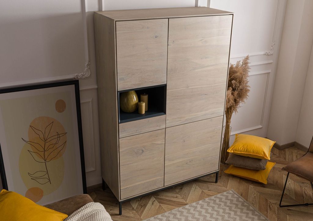 MASSIVMOEBEL24 Highboard Akazie 111x45x175 grau-weiß geölt CHICAGO #09