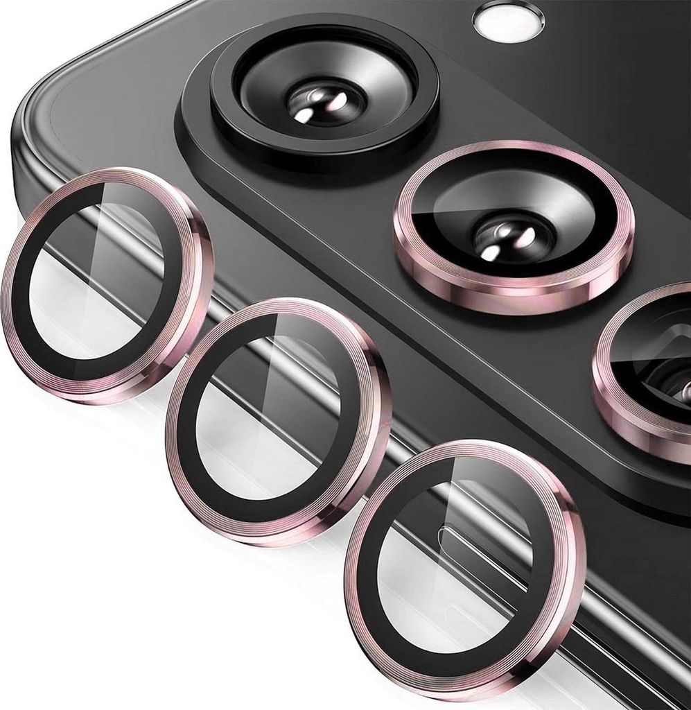 Close-up view of camera lens protectors for a smartphone.