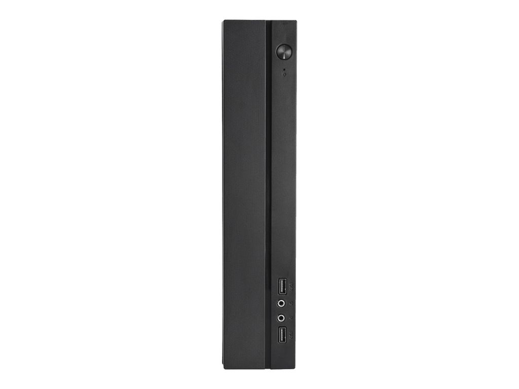 A black, slim computer tower is shown against a white background.