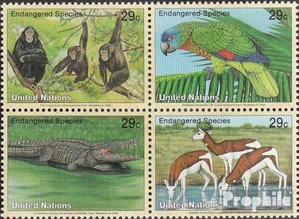 Briefmarken UNO - New York 1994 Mi 663-666 Viererblock (kompl.Ausg.) FDC Gefährdete Tiere