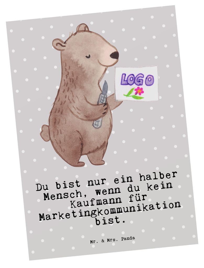 Mr. & Mrs. Panda Postkarte Kaufmann für Marketingkommunikation Herz - Grau Pastell - Geschenk, bildkarte, Ansichtskarte, Postkarten, Grußkarte, A...