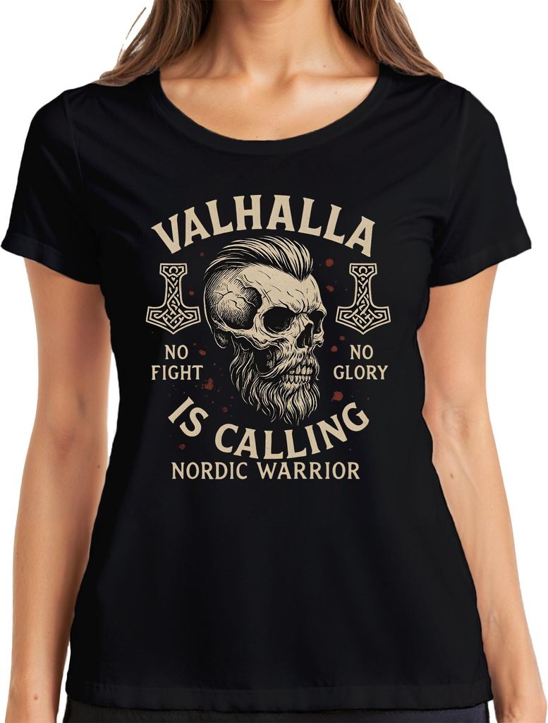 Valhalla is Calling Wikingerkrieger Schädel Runenhammer Nordisch Damen T-Shirt, Schwarz, XL