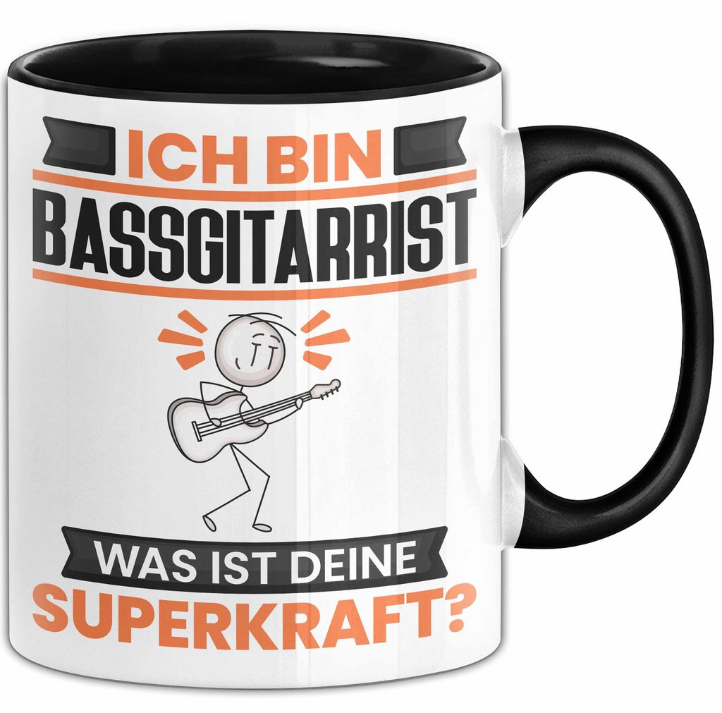 Bassgitarrist Tasse Geschenk für Bassgitarrist Geburtstag Lustiger Spruch Kaffee-Becher Was Ist Deine Superkraft (Schwarz)