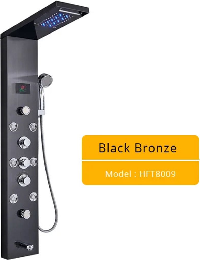 Badezimmer-Duschpaneel, Dreifachbedienung, LED-Temperaturanzeige, Schwarz 8009