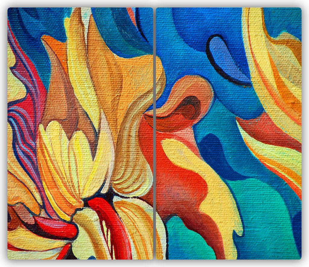 Tulup Glas-Herdabdeckplatte - 2x30x52cm - Glaskeramikkochfeld-Abdeckung Spritzschutz Zweiteilig Abstrakte Blume