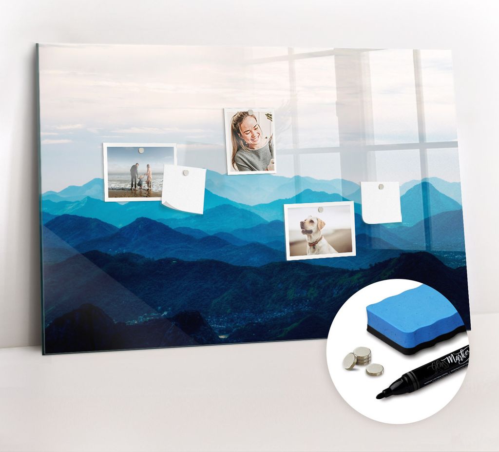 Magnetpinnwand Memoboard - Zubehörsatz - Schwarzer Marker + Schwamm + Magnete - 90 x 60 cm - Aquarellberge