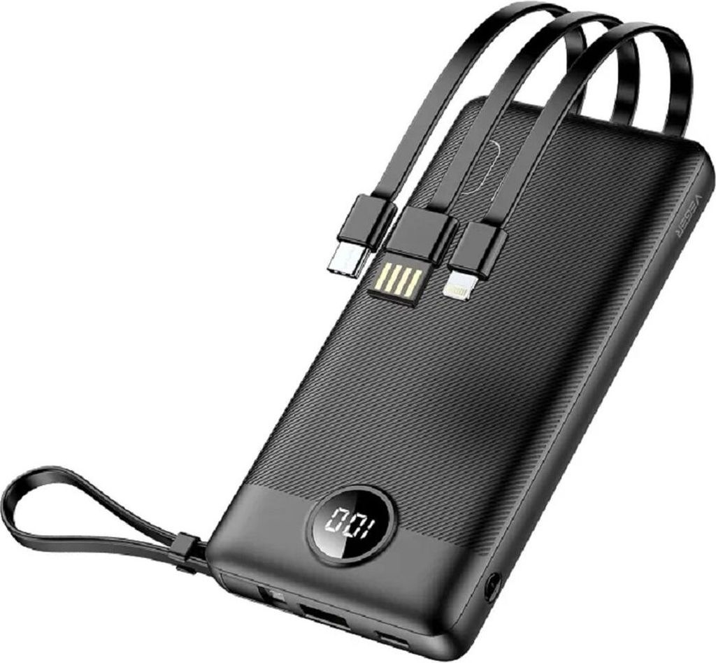 VEGER Powerbank 10 000 mAh mit integriertem Micro USB / Typ C / Lightning C10 Kabel (W1116) schwarz