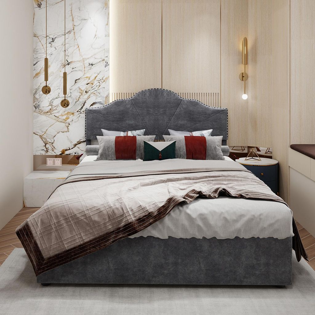 Sweiko Modern minimalist soft bed, comfortable and soft headboard, 160x200CM, gray, multifunctional bedroom furniture, high box bed body with pneum...