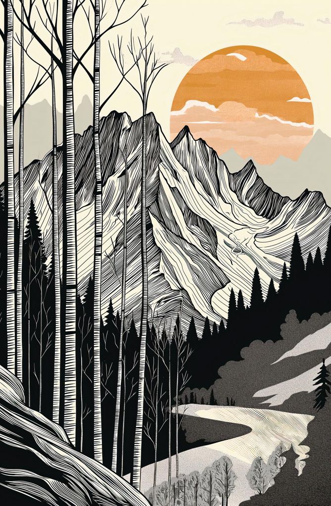 Plakat 53x81cm Holzschnitt Berg