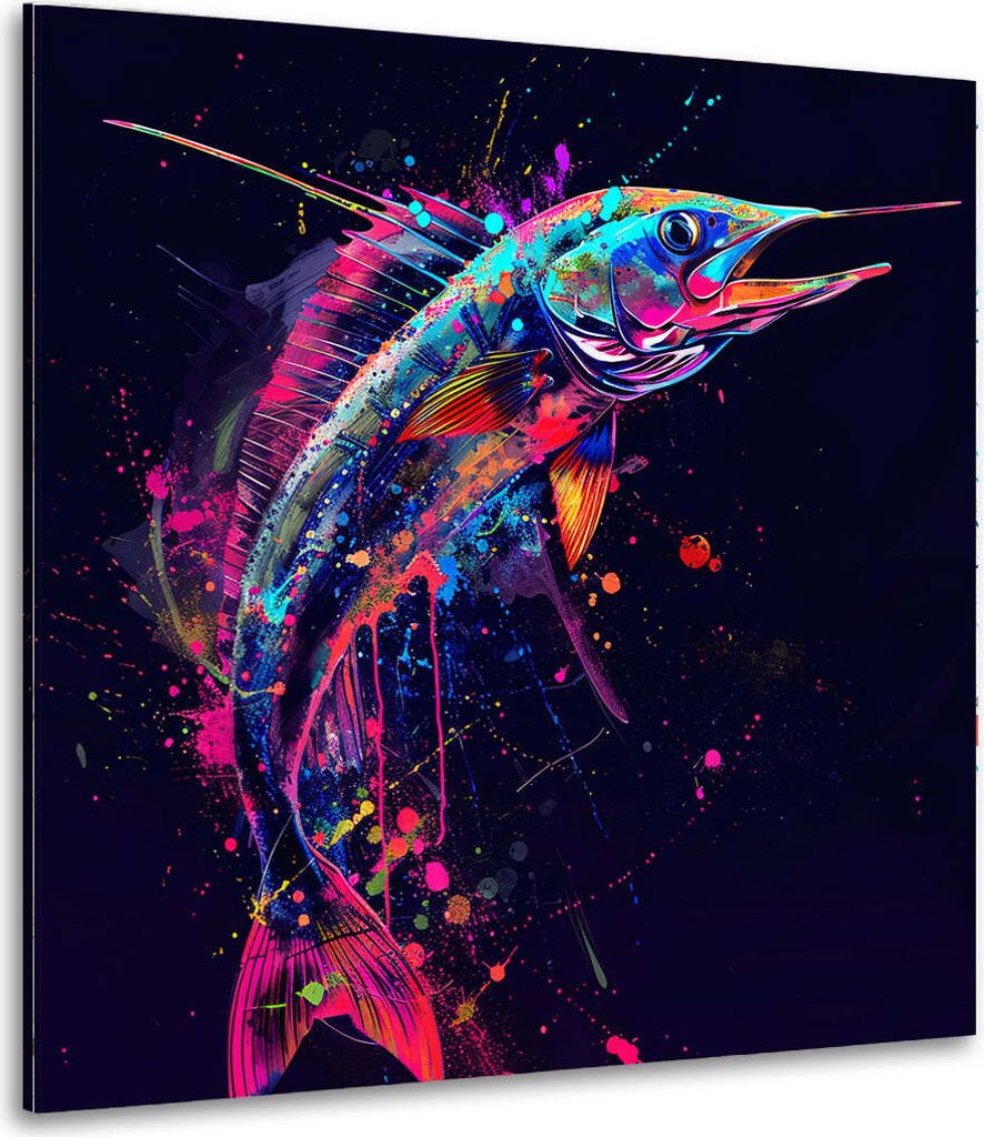 Bunter Fisch in dynamischer Pop Art Leinwandbild Wandbild Kunstdruck Wanddeko: 120x120x4cm