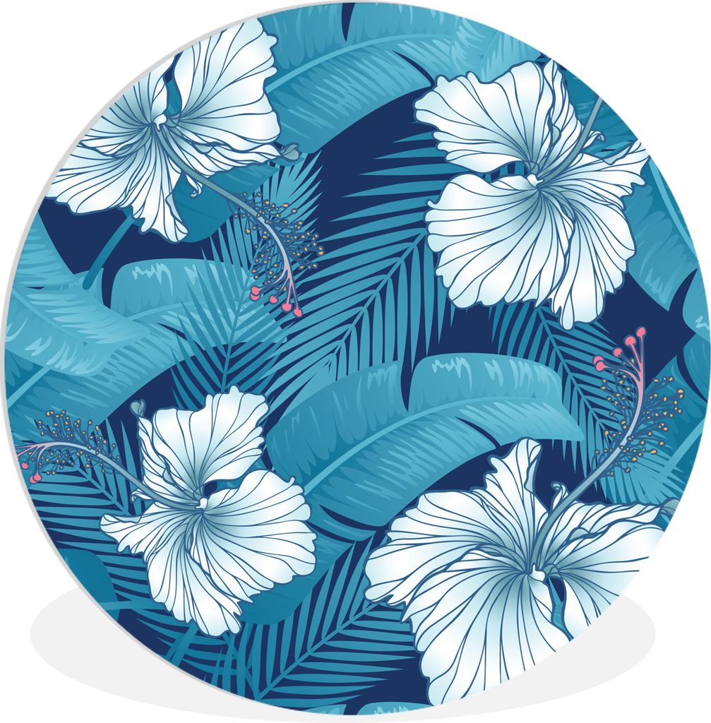 MuchoWow Rundes Wandbild - Runde Bilder Tropisch - Blumen - Blau Ø 30 cm Kreis Wanddekoration Kunststoff - Wandkreis - Wandschmuck - Schlafzimme...