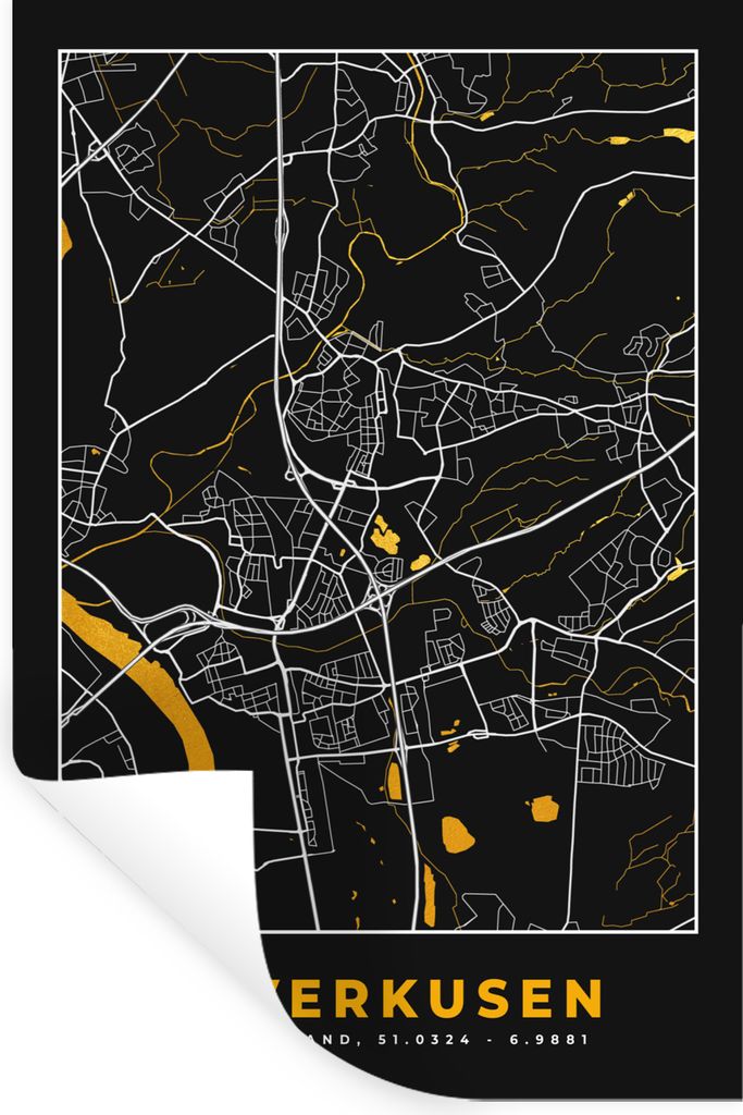MuchoWow Wandtattoo Wandsticker Wandaufkleber Leverkusen - Gold - Stadtplan - Deutschland - Karte 60x90 cm Selbstklebend und Repositionierbar - S...