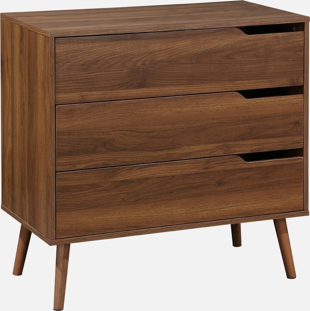 A wooden chest of drawers with three drawers and angled legs, presented against a white background.